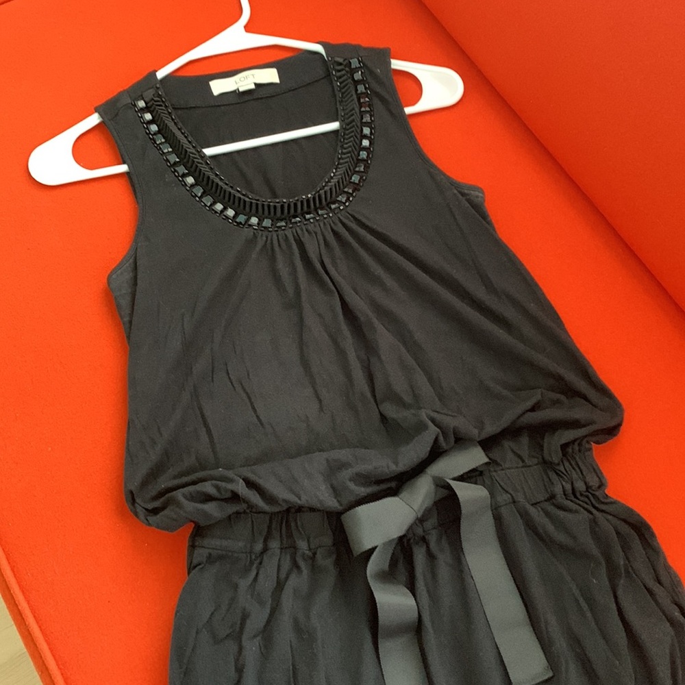 Loft black jersey dress with beaded neckline/elastic waist/attached ribbon.